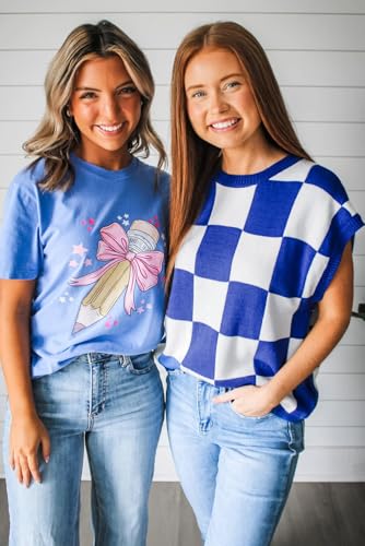 Women's Dark Blue Checkerboard Round Neck Sweater Vest - Classic & Versatile3