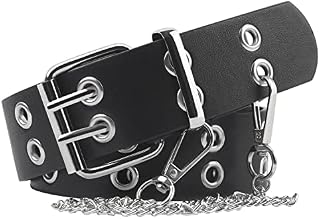 HuaJiao Double Grommet Belt, Faux PU Leather Punk Belt with Detachable Metal Chain Adjustable Goth Womens Belts Double Hole Eyelet Belt Jeans Belt for Women Girls (1.42*42in)