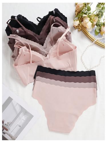 Women's 4 Sets Seamless Lingerie Set Scallop Trim V Neck Padded Bra and Panty2