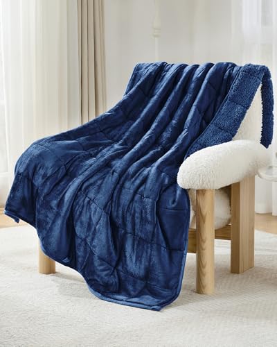 Image of Ultra-Soft Weighted Blanket for Adults(15 lbs, 48 inch x 72 inch Full Size) Plaid Sherpa Fleece Reversible Heavy Blanket with Glass Beads, Perfect for 140-190 lbs, Machine Washable, Navy Blue