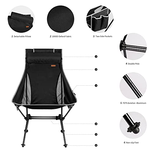 Tobtos High Back Camping Chair, Lightweight Folding Chairs, Compact Camping Chair With Carry Bag For Outdoor Camp, Hiking, Picnic, Backpacking(Black) #TOP3
