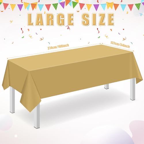 Image of 16 Pack Gold Plastic Tablecloth for Rectangle Tables, Premium Decorative Gold Disposable Table Cloths for Parties, Bulk Rectangle Party Table Cover for Birthday, Wedding, Anniversary, 54 x 108 Inch