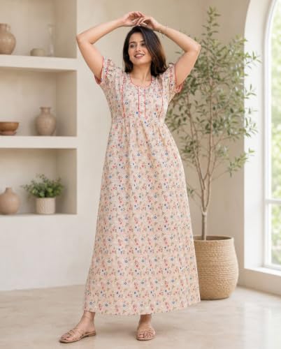 Image of Women's Pure Cotton Floral Maxi Nighty, Frock Style Short Sleeve Full Length Night Gown with Adjustable Belt, Comfortable Sleepwear, Pack of 2