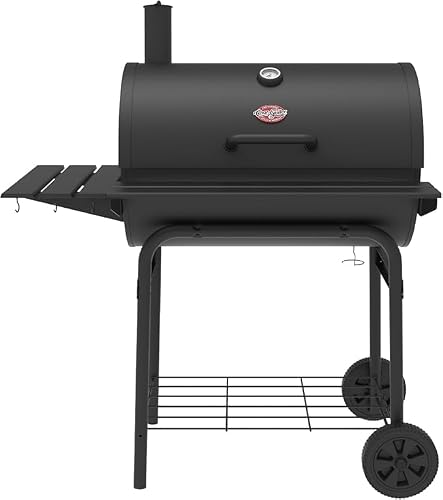 Charcoal Barrel Grill, EasyDump™ Ash Pan, Premium Front and Side Shelves with Utensil Hooks, 850 Square Inches of Cooking Space in Black