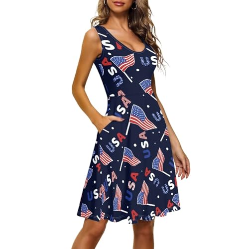 Image of Women Stylish Tank Dresses Sleeveless Round Neck Midi Casual Dress with Pocket for Summer