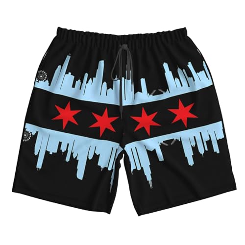 Chicago City Flag Skyline Men's Beach Shorts Drawstring Running Athletic Shorts Loose Shorts3
