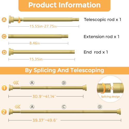 Fvonzn Gold Shower Curtain Rods for Windows 28 to 48 inch Adjustable Shower Rod Spring Tension Curtain Rods No Drilling Extra Long Gold Curtain Rod Non Slip Shower Rods for Bathroom Window Cafe - Thumbnail 3