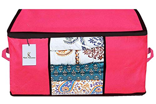 Image of Kuber Industries Non Woven 6 Pieces Saree Cover and 3 Pieces Underbed Storage Bag, Cloth Organizer for Storage, Blanket Cover Combo Set (Pink) -CTKTC38484