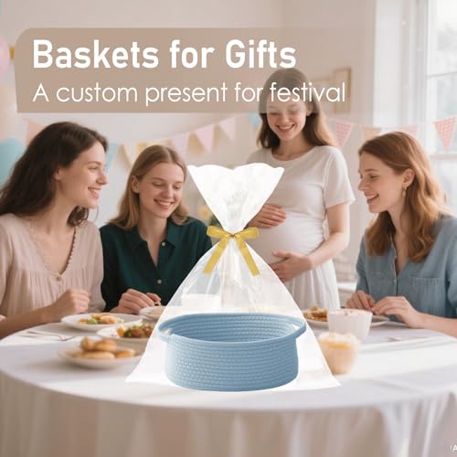 Image of JMvicyroam Small Woven Basket, Empty Gift Basket, Blue /1 Pack | Small Gift Basket, Cotton Rope, 12 x 8 x 30 in, Handles, Includes Ribbon and Bag, Birthday Gift Basket