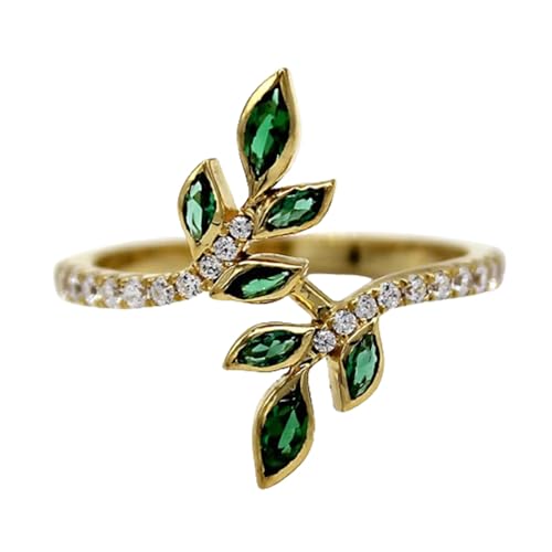 Yellow Gold Plated Vine Leaf Ring Simulated Emerald CZ Engagement Promise Wedding Ring for Women Jewelry