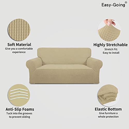 Image of Easy-Going Stretch Oversized Loveseat Slipcover 1-Piece Sofa Cover Furniture Protector Couch Soft with Elastic Bottom for Kids Polyester Spandex Jacquard Fabric Small Checks Beige