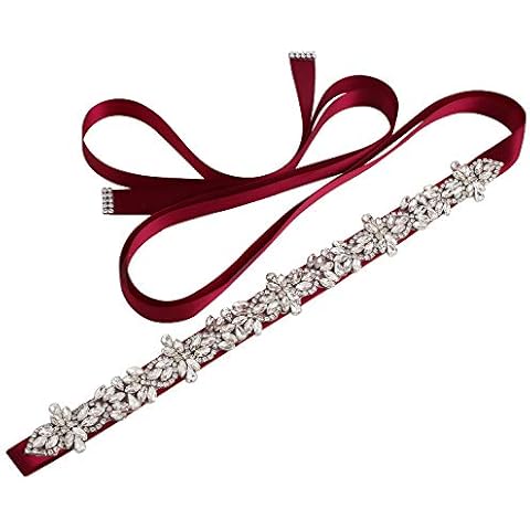WEZTEZ Silver Rhinestones Bridal Sash Belt Clear Crystal Wedding Belt Pearl for Bride Dress Plus Size (burgundy) Cover