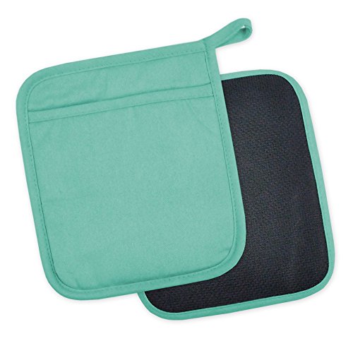 DII 100% Cotton, Machine Washable, 425°F Heat Resistant, Everyday Kitchen Basic, Neoprene Pot Holder, 7 x 8, Set of 2- Aqua