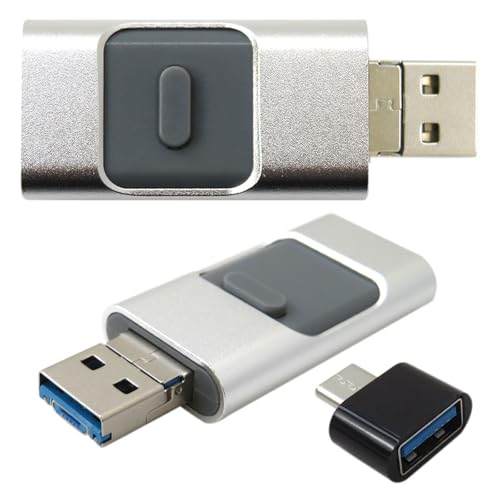 (Silver Premium) USB 3.0 Flash Drive 64GB for iPhone, 3in1 External Memory Photo Keeper Storage Stick for Picture/Video/Data Saver/Backup, High Speed Thumb/Jump/Hard Drives for iPhone/iPad/PC