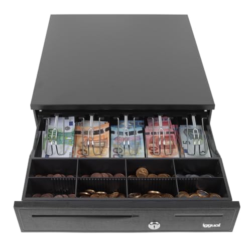 iggual Cajón Portamonedas IRON-50. Caja Efectivo Registradora Manual o Automática RJ11(12V). Compart: 5 Billetes y 8 Monedas, Cerradura 3 Posiciones Bloqueo, 42x40,5x10 cm, Carcasa Acero Negro