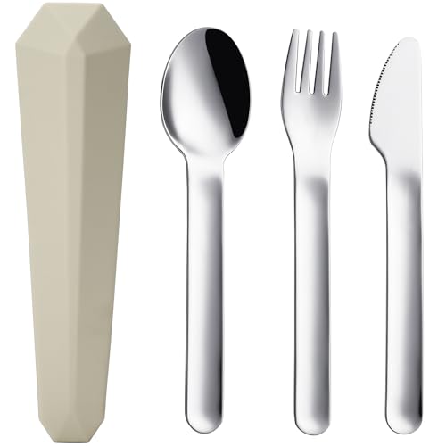 DEVICO Utensílios de viagem com estojo, talheres reutilizáveis de acampamento, conjunto de facas de garfo portátil de aço inoxidável 18/8 para almoço, piquenique, escola, local de trabalho (Cáqui)