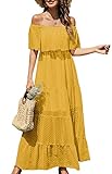 KIRUNDO Women's 2024 Summer Off Shoulder Maxi Dress Sundress Swiss Dot Short Sleeve High Waist Ruffle Tiered Flowy Long Dresses(Large, B-Yellow)