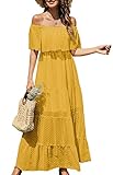 KIRUNDO Women's 2023 Summer Off Shoulder Maxi Dress Sundress Swiss Dot Short Sleeve High Waist Ruffle Tiered Flowy Long Dresses(Small, B-Yellow)