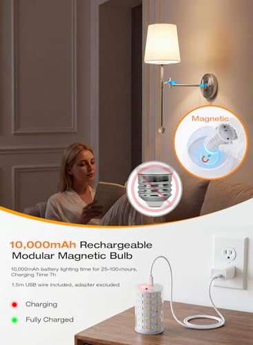 Image of CLOUDY BAY 10000mAh Battery Operated Wall Sconces,Up to 100 Hours with Rechargeable RGB Dimmable Magnetic Bulb,Cordless Wall Lighting Fixtures with Remote for Bedroom,Brushed Nickel,2 Pack-18.6inch