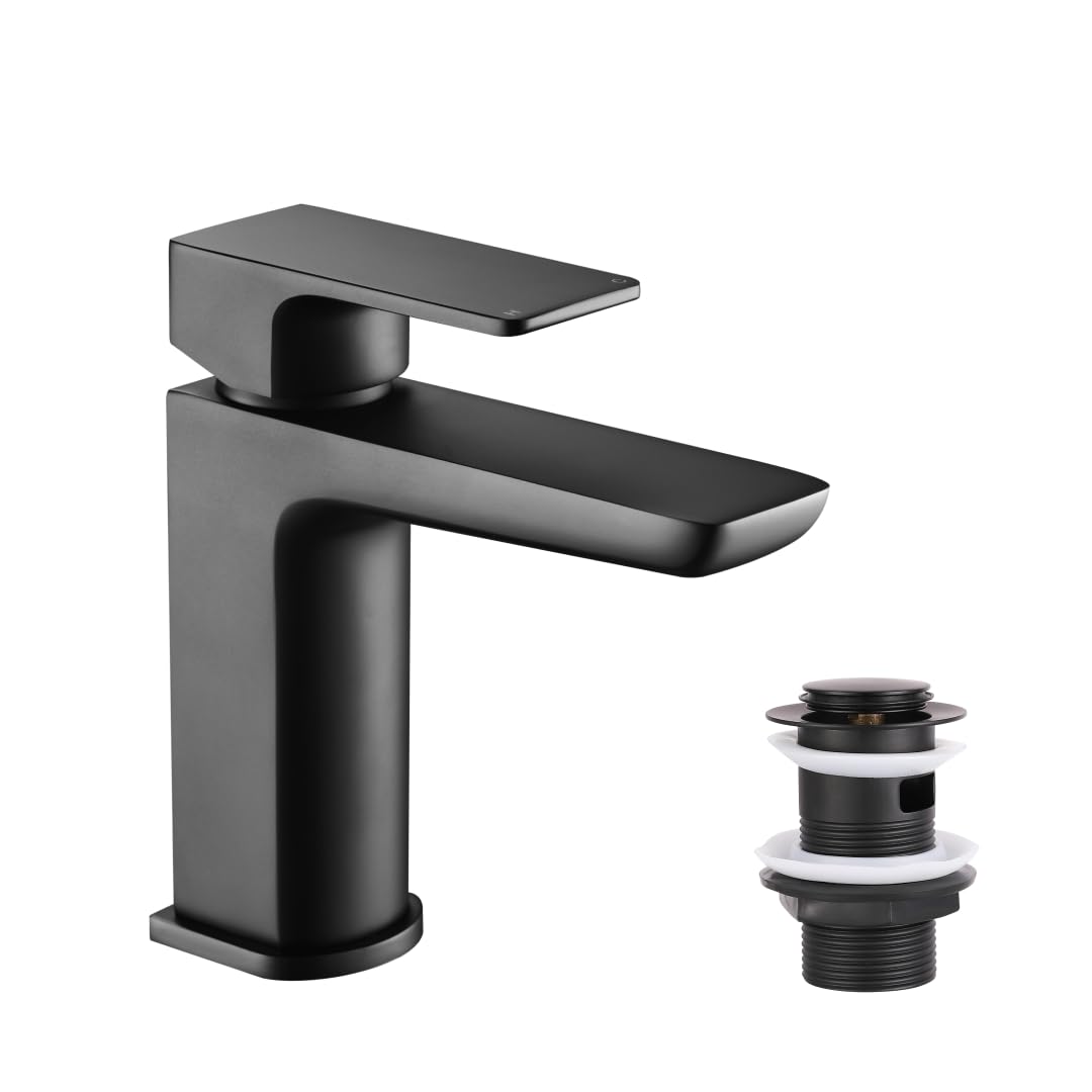 VeeBath LogoonSoft Square Basin Mixer with Pop-Up Waste – Modern Matt Black Finish, Single Lever Control, G1/2" BSP Inlet, Deck Mounted Bathroom Taps, Bath and Basin Taps