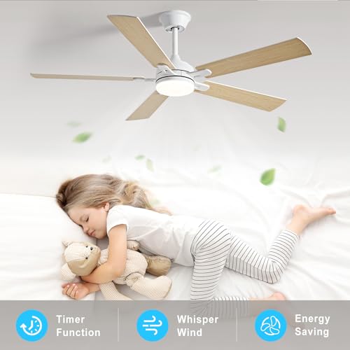 Image of Depuley 52-inch Ceiling Fan with Light: White Ceiling Fan for Living Room Indoor Outdoor - Modern Ceiling Fan with Remote Control 3CCT Dimmable Noiseless 5 Reversible Wood Blades 6 Speeds