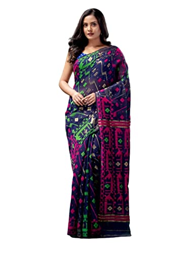 Sari Jamdani bengalí azul: ropa tradicional de India de 5,5 metros de algodón para mujer formal