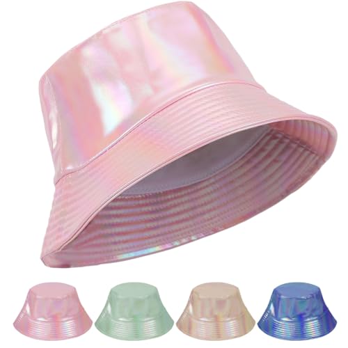 Bucket Hat for Women Men PU Leather Rain Hat Waterproof Fluorescent Hat Summer Travel Beach Sun Hat (Pink)