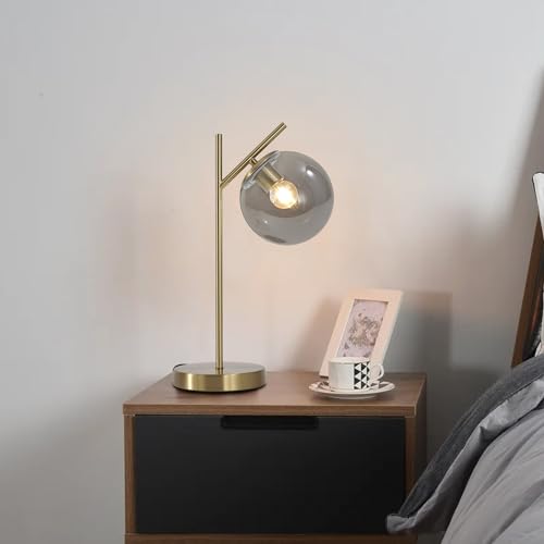 Image of Mid Century Desk Lamp, Glass Globe Table Lamp with Gray Glass lampshade, Gold Modern Bedside Lamps for Bedroom Living Room Study Room