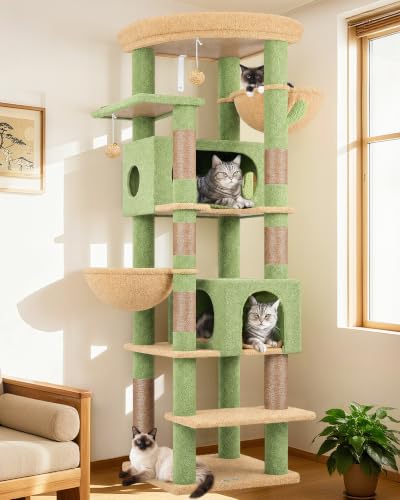 Image of Globlazer Cactus Heavy Duty Cat Tree, 74in Tall Sturdy Cat Tower for Large Cats Adult Big Cat Tree with 7 Scratching Posts, 2 Padded Spacious Condos, 2 Hanging Baskets, Enlarged Top Perch, S74, Green