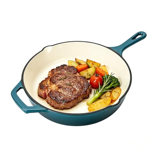 Davnjcka Enameled Cast Iron Skillet, Non Stick Fry Pan for Stove top and Oven (Peacock Blue, Skillet 10 inch)