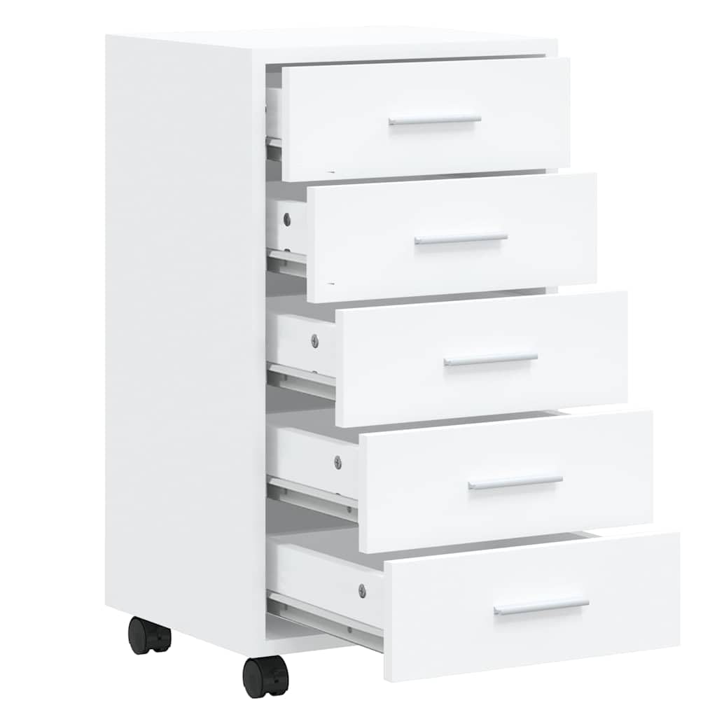 Cassettiera con ruote, in legno bianco lucido, 5 cassetti
