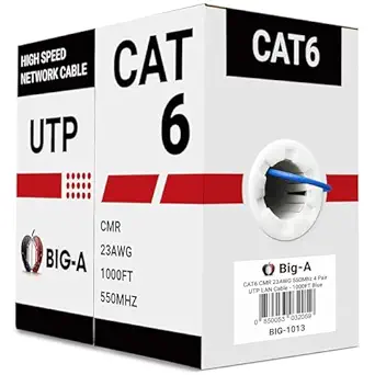 Big-A - Bulk Cat6 Ethernet Cable 1000ft 23AWG Solid 4 Pair, Cat 6 Cable Unshielded Twisted Pair (UTP), (CMR) 550MHz Internet Cable, Pull Box - Blue