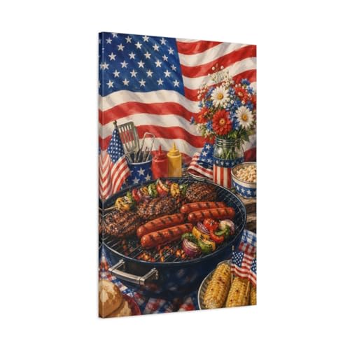 Toile vintage BBQ américain décor aquarelle pour salon 60x90 cm