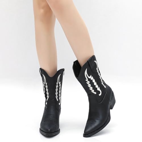 Image of GLOBALWIN Women's Square Toe Cowgirl Boots Classic Mid-Calf Cowboy Boots With Embroidered Stitching Low Heel Comfortable Western Boots For Country Outfits