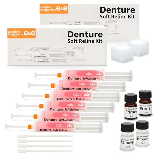 E&E Fast Set Pro Denture Soft Reline Kit 2-Pack 1-Minute Working Time 2-Minute Setting Time Long-Lasting Silicone Reliner for Loose Upper & Lower Dentures