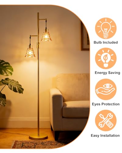 Image of 2-Light Modern Glass Floor Lamp, Gold Standing Tall Lamp with Amber Shell Glass Shade, Dimmable LED Floor Lamp with 5Lbs Heavy Base for Living Room Bedroom Home Decor, Bulb Included