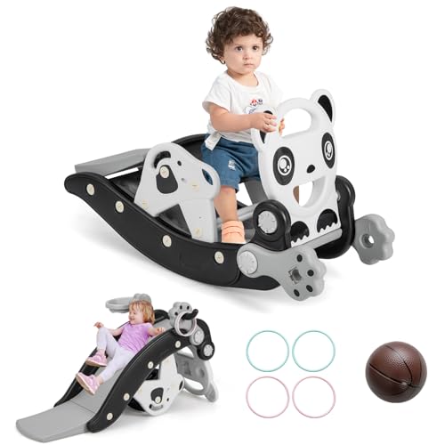 HOMASIS 5 in 1 Kinderrutsche im Pandaform aus HDPE, Kinder Rutsche mit Schaukelpferd & Kinderstuhl & Basketballkorb & Ringwurfspiel, Spielplatz mit Basketball & 4 Ringen, Tragkraft 50 kg