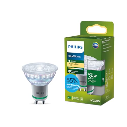PHILIPS Spot LED GU10 UltraEfficient, 35 W, EyeComfort, Sans Scintillement, Lumière Blanc Chaud 2700 K, 215 Lumens, Culot GU10, Lot de 1