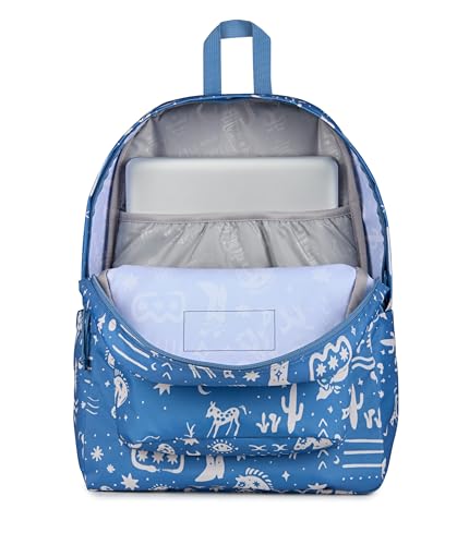 Image of JanSport SuperBreak Plus Backpack with Padded 15-inch Laptop Sleeve and Integrated Bottle Pocket - Spacious and Durable Daypack for Work and Travel, Yeehaw And Horses Elemental Blue /Cream