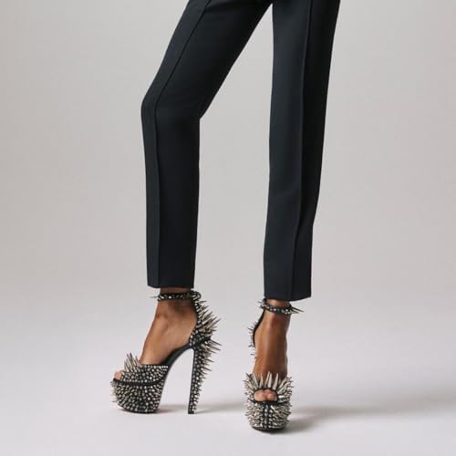 FSJ Women Spiked High Heel Sandals with Studded Ankle Strap Peep Toe Platform Chunky Rivets Heel Sexy Night Club Party Shoes Size 4-16 US4