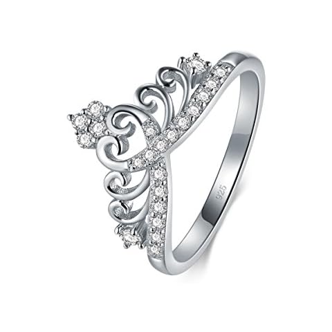 BORUO 925 Sterling Silver Cubic Zirconia Princess Crown Tiara Wedding Cz Band Eternity Ring Size 7.5 Cover