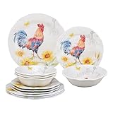 UPware 12 Piece Sunshine Rooster Melamine Dinnerware Sets, Outdoor Dishes Set, Plates and Bowls Sets, Service for 4, Multicolor