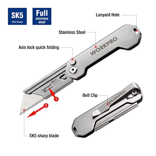 Workpro Edc Folding Utility Knife, Mini Box Cutter With Quick Open Axis Lock, Quick Change Blade Razor Knife, Foldable Small Pocket Knife With Belt Clip #TOP2
