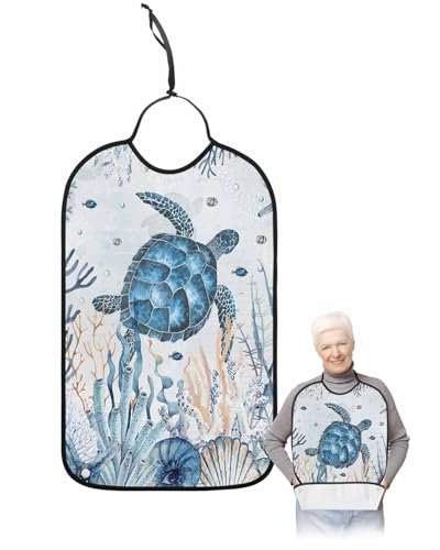 LEOKOTI Blue Sea Turtle Adult Bibs for Eating, Waterproof Bibs with Food Catcher & Adjustable Snap Closure, Beach Coral Nautical Coastal Ocean Washable Clothing Protectors Adult Bibs for Elderly