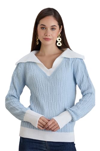 Image of Sweaters for Women Fashion Long Sleeve Lapel Collar V Neck Casual Knit Color Block Pullover Sweater