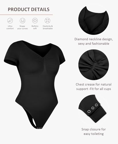 FeelinGirl Short Sleeve Bodysuit for Women V Neck Tummy Control Shapewear Seamless Thong Body Suits Tops4