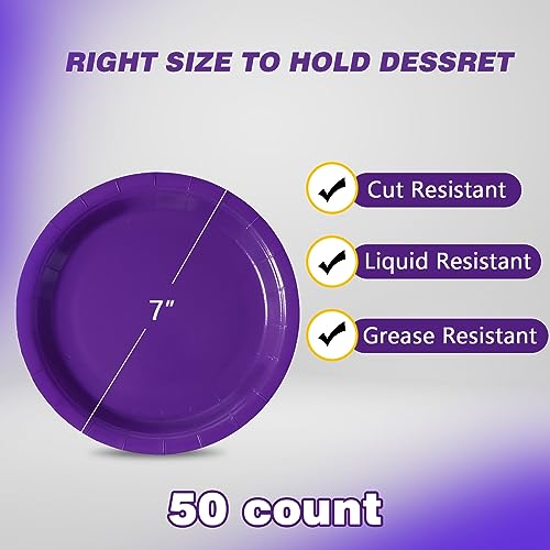 Image of Purple Disposable Paper Plates, 7 Inch Dessert Cake Plates, 50 Count Bulk