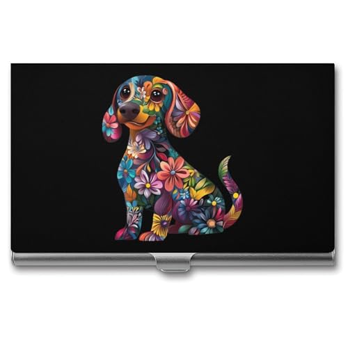 Dachshund Flower Funny Dog Business Card Case Pocket Card Holder Slim Card Wallet for Men Women
