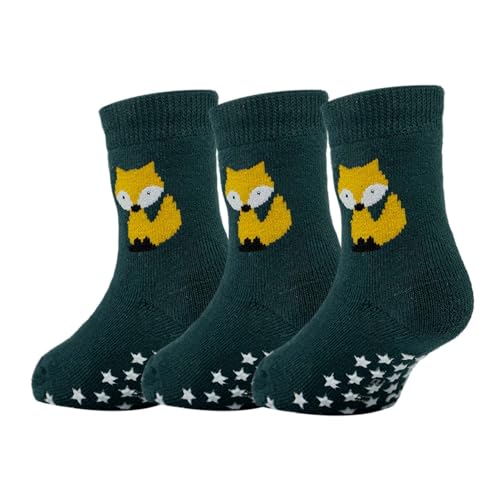 YALION 3 Paires Chaussettes Antidérapantes Chaussettes Bébé Fille Garcon Enfants Épais Chauds pour 6-12 Mois (Renard Vert)