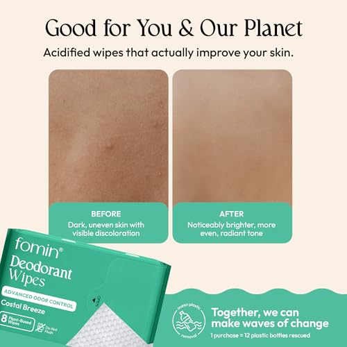 Image of FOMIN Acidified Mini Deodorant Travel Wipes - 144 Count Coastal Breeze | pH Balanced, Biodegradable Mini Deodorant Wipes - Plastic-Free Underarm & Body Wipes for Women & Men - Fits Any Bag